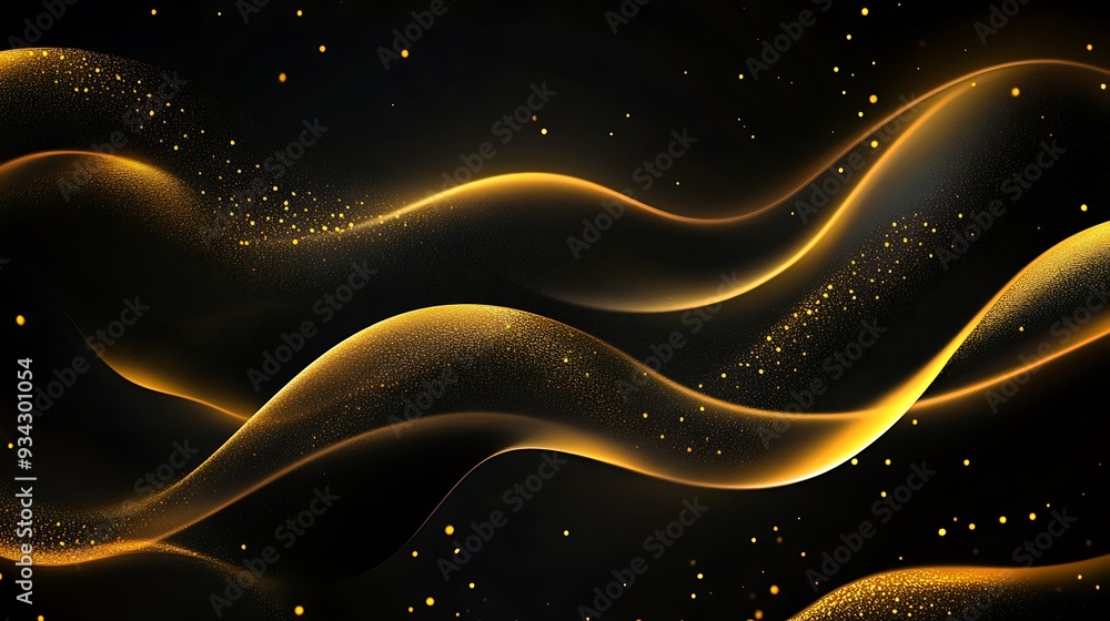 Poster abstract black background with gold glowing wavy lines and sparkling particles.