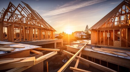 Obraz premium Wooden home frame being built against clear blue sky, symbolizing construction of new house