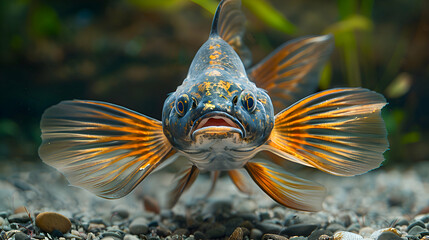 Obraz premium Amazon Armored Catfish face, showcasing its body texture and fins with a soft focus background