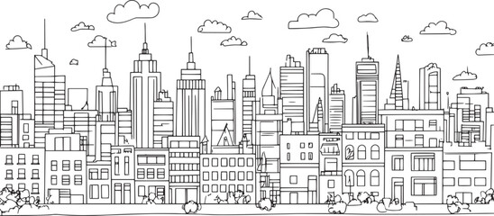 City landscape. Line urban backdrop. Skyline with clouds, different buildings on street, doodle street draw, outline cityscape hand sketch, flat houses. Hand drawn vector illustration