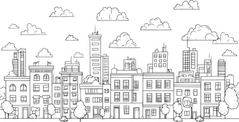 Fototapeta premium City landscape. Line urban backdrop. Skyline with clouds, different buildings on street, doodle street draw, outline cityscape hand sketch, flat houses. Hand drawn vector illustration