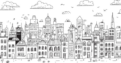 Obraz premium City landscape. Line urban backdrop. Skyline with clouds, different buildings on street, doodle street draw, outline cityscape hand sketch, flat houses. Hand drawn vector illustration