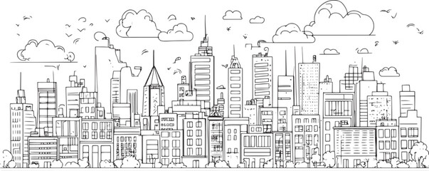 Obraz premium City landscape. Line urban backdrop. Skyline with clouds, different buildings on street, doodle street draw, outline cityscape hand sketch, flat houses. Hand drawn vector illustration