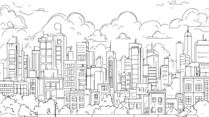 City landscape. Line urban backdrop. Skyline with clouds, different buildings on street, doodle street draw, outline cityscape hand sketch, flat houses. Hand drawn vector illustration