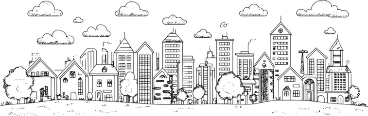 Obraz premium City landscape. Line urban backdrop. Skyline with clouds, different buildings on street, doodle street draw, outline cityscape hand sketch, flat houses. Hand drawn vector illustration