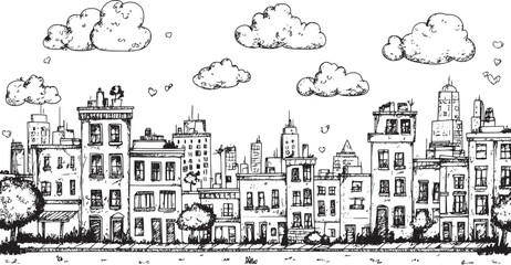 City landscape. Line urban backdrop. Skyline with clouds, different buildings on street, doodle street draw, outline cityscape hand sketch, flat houses. Hand drawn vector illustration