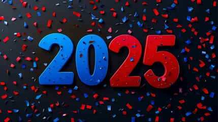 Brightly Colored 2025 Numbers Surrounded by Festive Confetti on a Dark Background