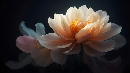 A close-up of a peach-colored flower, with soft, delicate petals that are curled and twisted, creating a sense of movement and energy. The petals are illuminated by a soft, warm light, and the image i