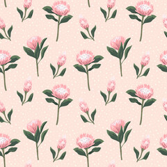 Floral delicate seamless pattern with pink protea flowers. Repeatable background with sugarbush blooming flowers in pastel colors. Flat vector design for fabric, textile, prints, wallpaper, covers