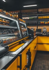 Yellow Countertop With Display Case In Small Shop