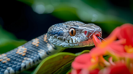 Obraz premium Amazon Banded Cat-eyed Snake head, showcasing its distinctive colors and patterns