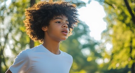 Un enfant / adolescent noir jouant et courant dans un parc en été, journée ensoleillée, sport, santé mentale, vie saine, exercice physique, jogging