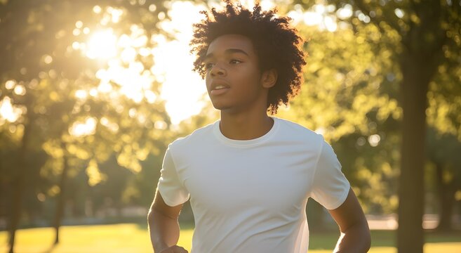 Un enfant / adolescent noir jouant et courant dans un parc en &eacute;t&eacute;, journ&eacute;e ensoleill&eacute;e, sport, sant&eacute; mentale, vie saine, exercice physique, jogging