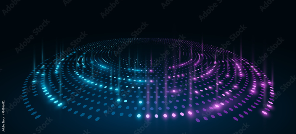 Aufkleber spiral digital circles of glowing blue and purple dots on dark background. perspective view to abstr