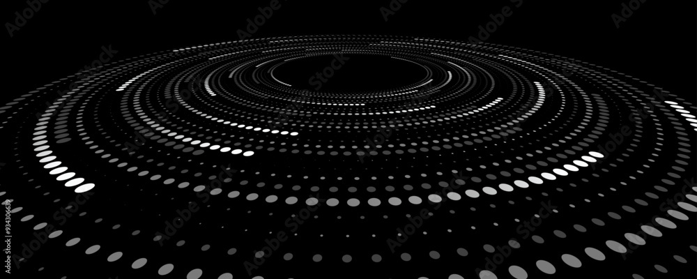 Poster perspective view to spiral digital circles of dots on black background. abstract futuristic dotted c