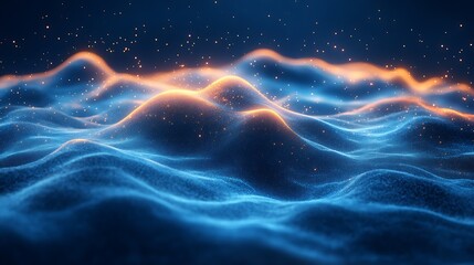 Abstract blue and orange glowing wave background with particles.