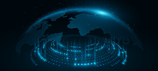 Spiral digital circles of glowing dots with world map on dark background. Perspective view to abstract sparkling dotted circle. Big Data visualization into cyberspace. Vector illustration. © sersupervector