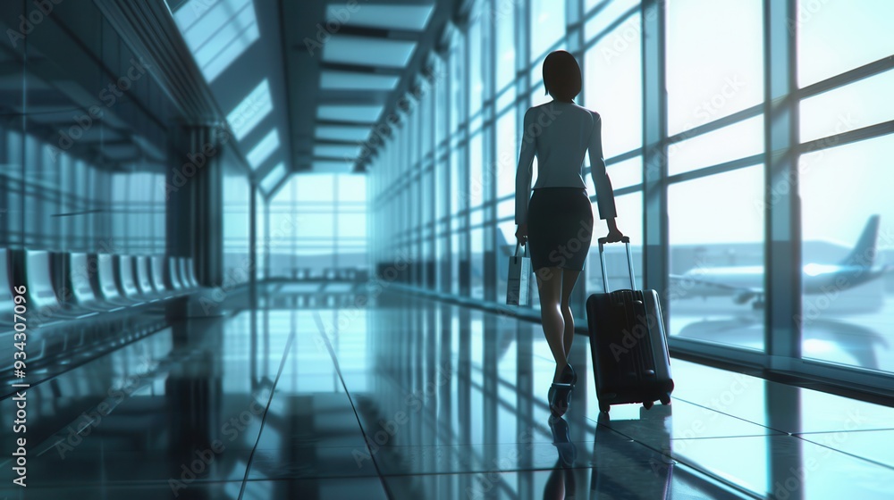 Poster a flight attendant strides confidently through the airport terminal, pulling a suitcase behind her a