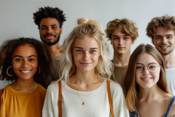 Obraz premium A cheerful and diverse group of young adults poses together happily indoors, showcasing their friendship and unity