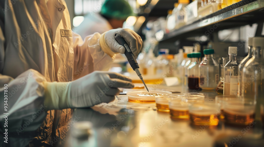 Poster a scientist is working in a lab with a pipette, and there are many bottles