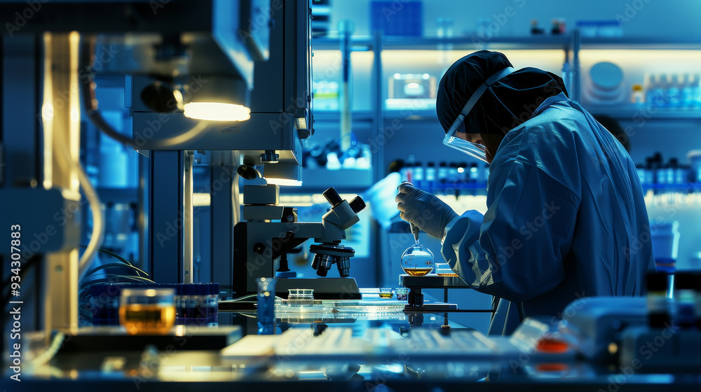 Poster a scientist in a lab coat is working with a microscope