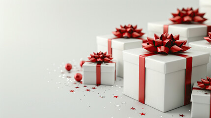 Fototapeta premium merry Christmas or birthday white gift box with red ribbon on white background abstract greeting cards, banners, merry christmas, happy winter, new year eve , new year celebrations
