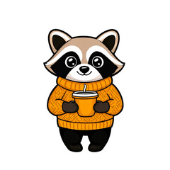 Cartoon raccoon in a cozy sweater holding a pumpkin spice latte smiling warmly isolated on a transparent background 