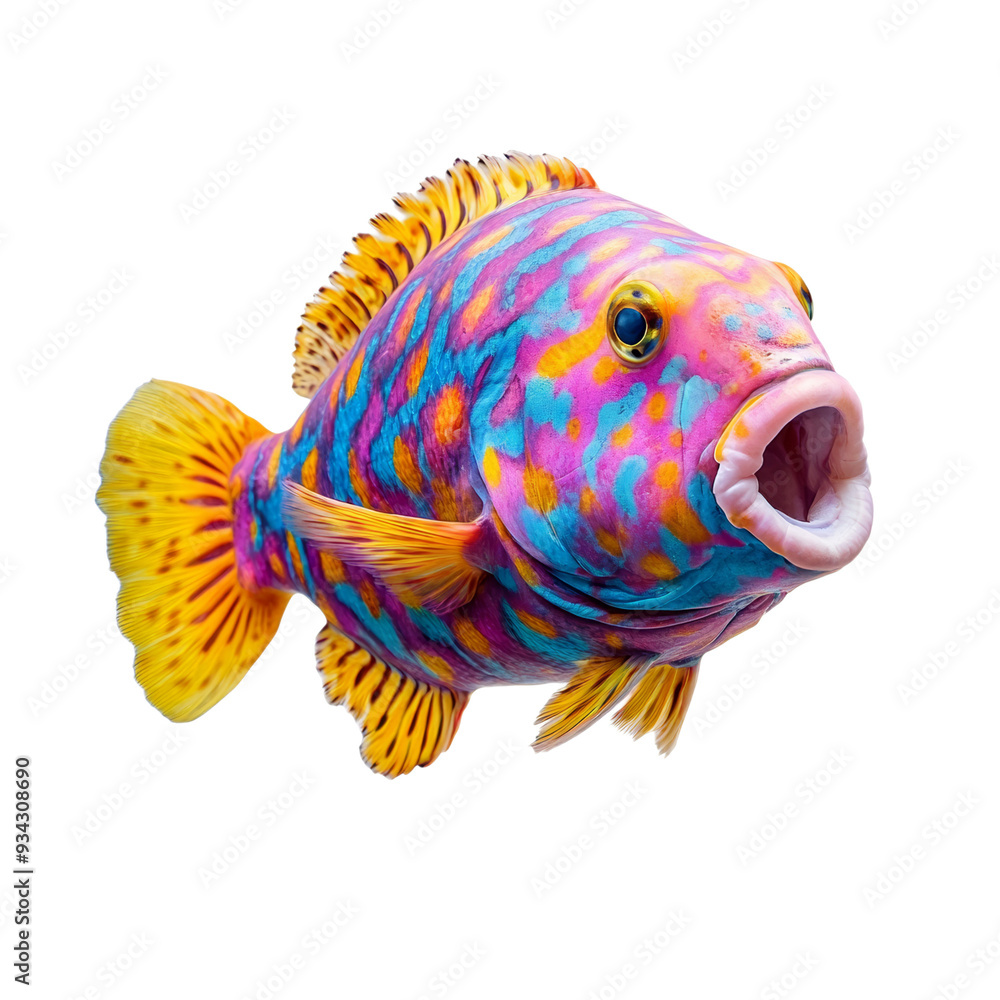 Poster colorful parrotfish with unique beak like mouth and bright patterns isolated on transparent backgrou