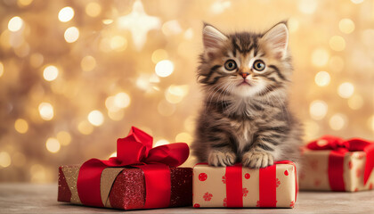 Gatinho fofo e peludo sentado em presentes de Natal com uma fita vermelha, fundo festivo