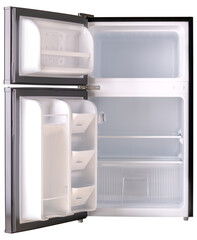 Refrigerator or fridge. 2 Door refrigerator with freezer for ice. Cold temperature. Cold storage. Fridge for grocery store fresh food. Kitchenware or kitchen appliance for freeze and cooling products.