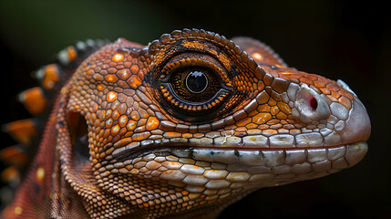 Fototapeta premium Amazon Basilisk Lizard face, its eyes and skin texture detailed