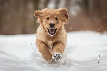 Portrait of a happy dog running in snow at winter
