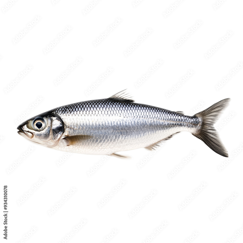 Poster glossy herring fish with silver scales and a streamlined shape isolated on transparent background