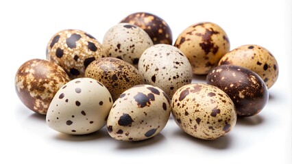 Obraz premium speckled quail eggs against a white background. eggs are small, with distinctive brown spots on their shells. The image highlights the natural pattern and coloration of these unique eggs.
