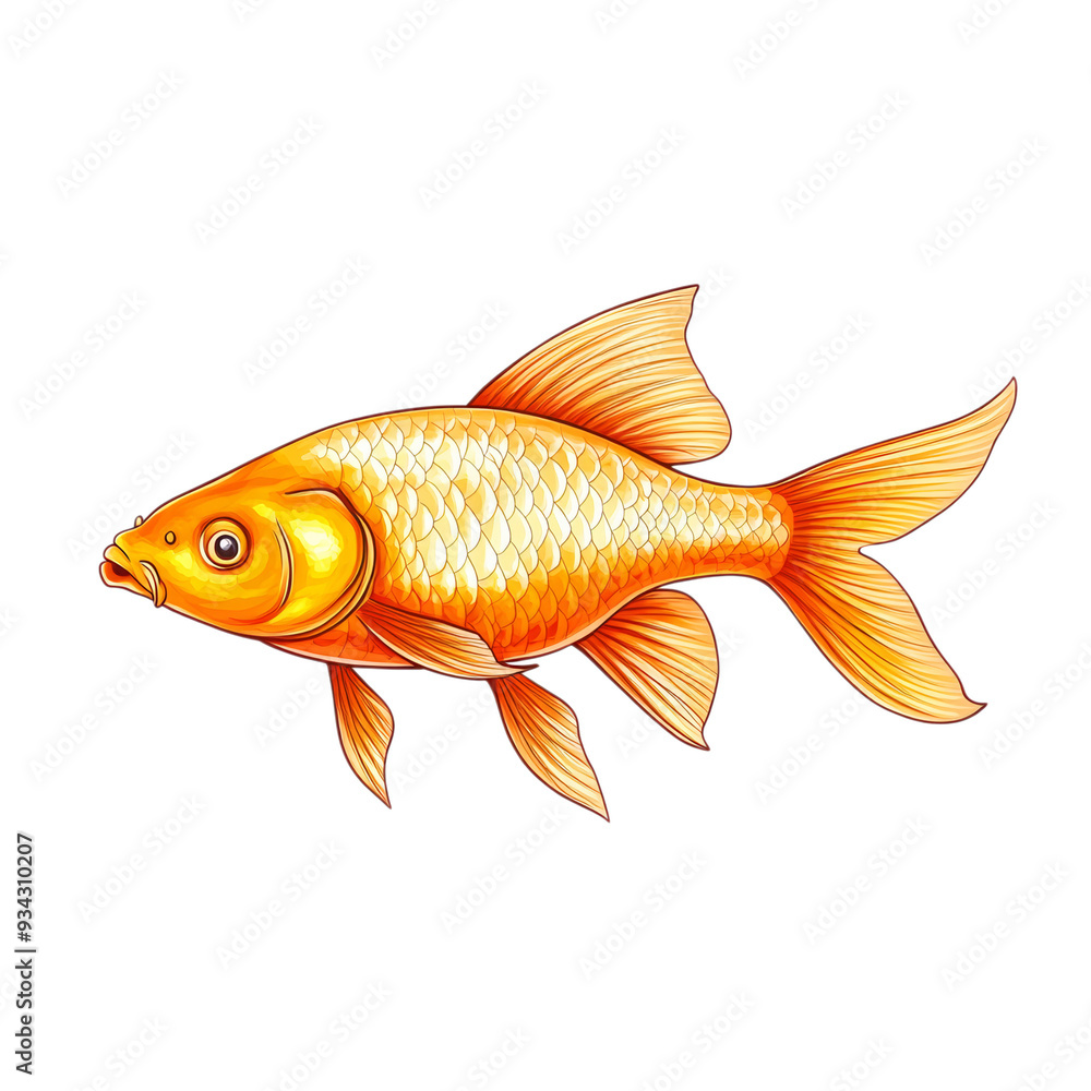 Poster golden carp fish with smooth scales and flowing fins isolated on transparent background