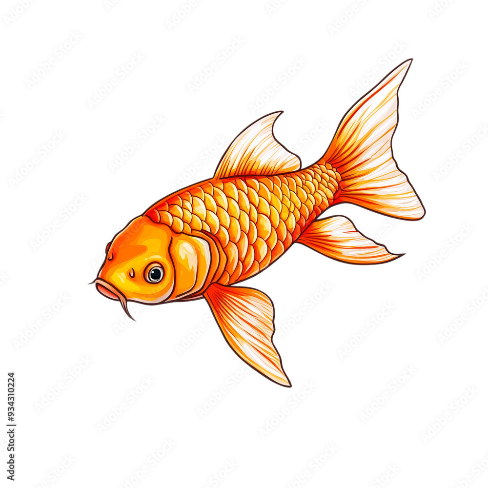 Poster golden koi fish with delicate patterns and flowing tail isolated on transparent background