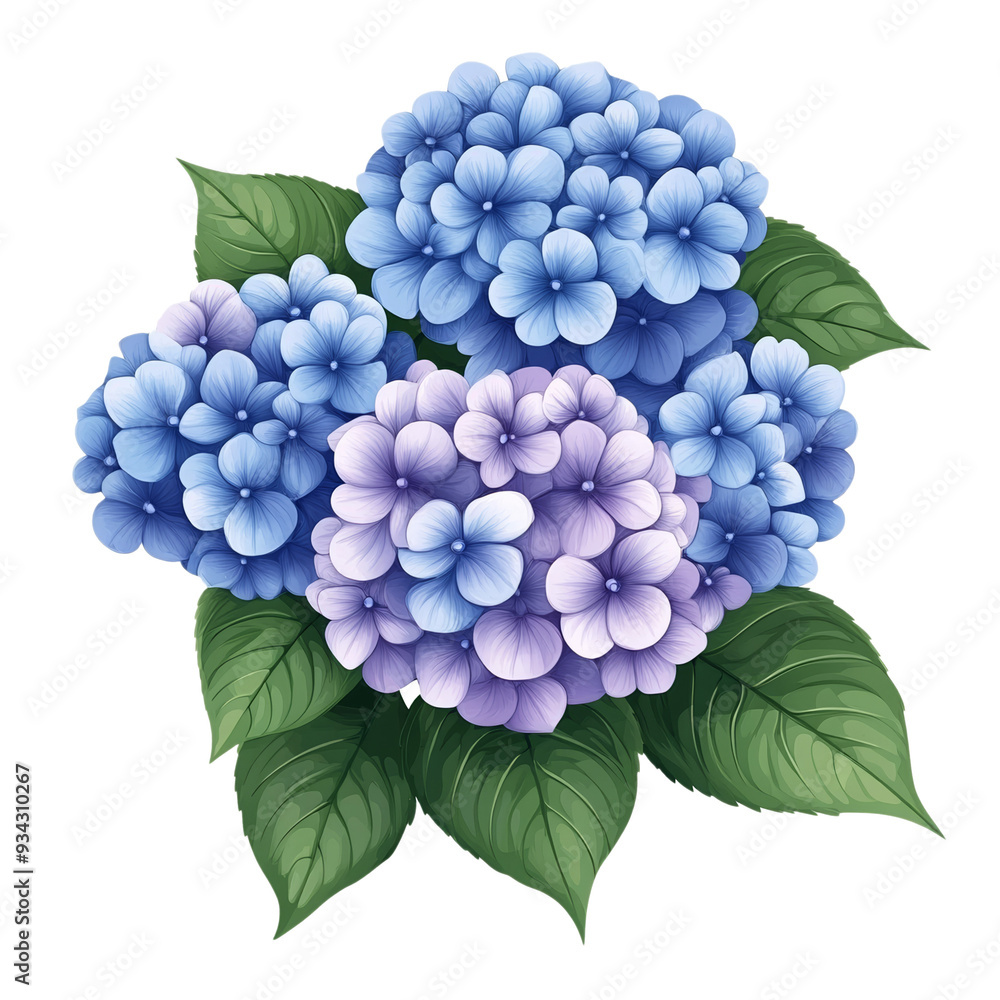 Poster graceful vector style hydrangea cluster with soft blue and purple petals isolated on transparent bac