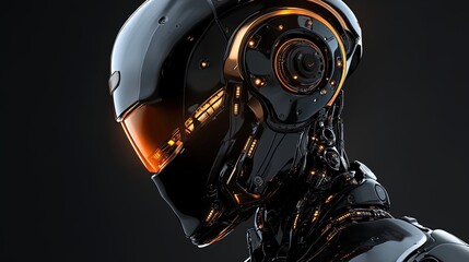 Futuristic Humanoid Robot Poster: Glossy Black and Bronze Design with Intricate Details - Perfect for High-Tech Sports Interiors