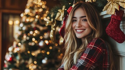 Cheerful Woman in Plaid Shirt Beside Festive Mantel and Sparkling Christmas Tree - Perfect Poster for Holiday Home Decor and Seasonal Cheer!
