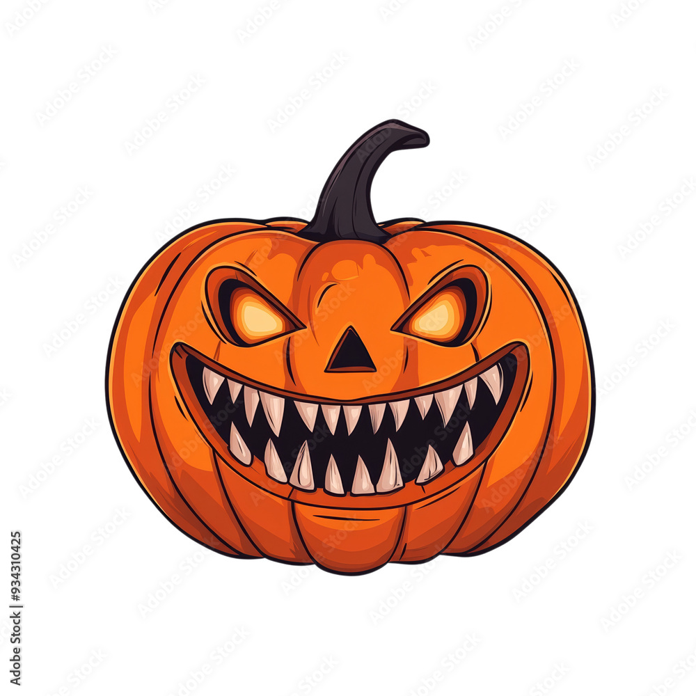 Poster Grinning cartoon jack o lantern with sharp teeth and glowing eyes isolated on a transparent background 