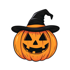Grinning cartoon pumpkin wearing a witch hat with a playful expression isolated on a transparent background 