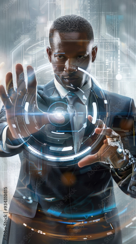 Poster A businessman in formal attire interacts with a holographic display in a sleek, technology-driven setting