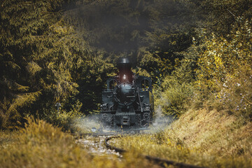 Historic steam locomotive in train station. Steam locomotive pump out clouds of smoke. Steam train with white smoke. Steam train on railway. Vintage steam train ride.