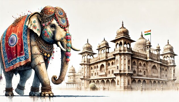 Watercolor poster illustration for mysore dasara with elephant and palace.

