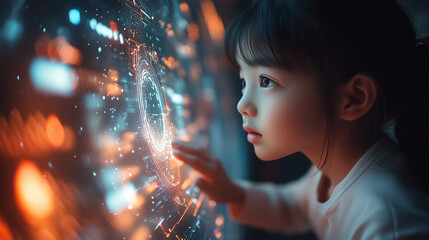 A child in a futuristic learning pod, using a holographic interface to explore the concepts of digital citizenship and responsible online behavior.
