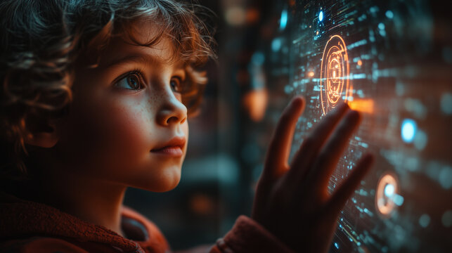 A child in a futuristic learning pod, using a holographic interface to explore the concepts of digital citizenship and responsible online behavior.