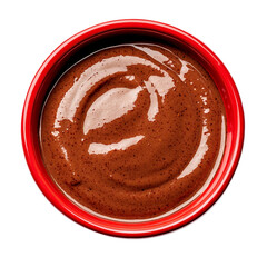 Savory chestnut sauce in a bold deep red bowl top view isolated on transparent background 