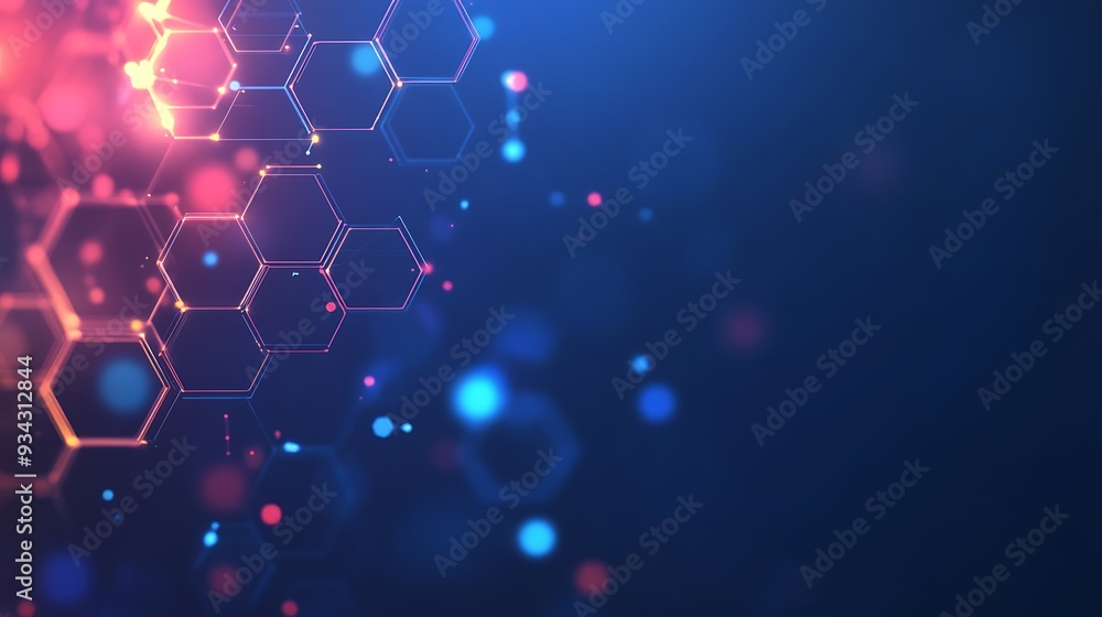 Poster abstract blue background with hexagonal shapes and glowing particles.