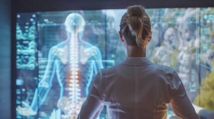 A woman is looking at a computer screen that shows a skeleton