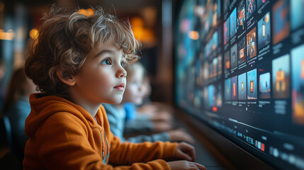 A digital classroom where children are learning about the importance of encryption, with dynamic visual aids and interactive quizzes.